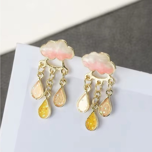 Moon Goddess Emporium Jewelry - 14K Gold Plated 2 Piece Pink Rain Cloud With Gemstone Drop Stud Earrings